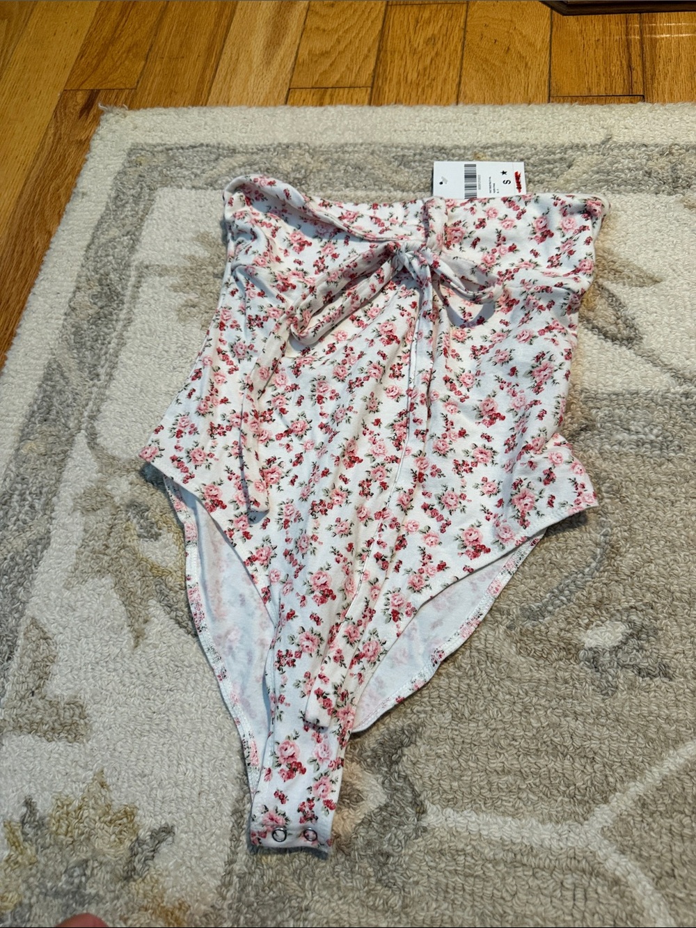 Forever 21 White Floral Strapless Bodysuit with Pink Roses